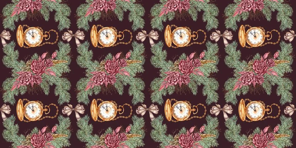 Roses Pine Clock Steampunk Pattern Deep Maroon Watercolor Stock Illustration