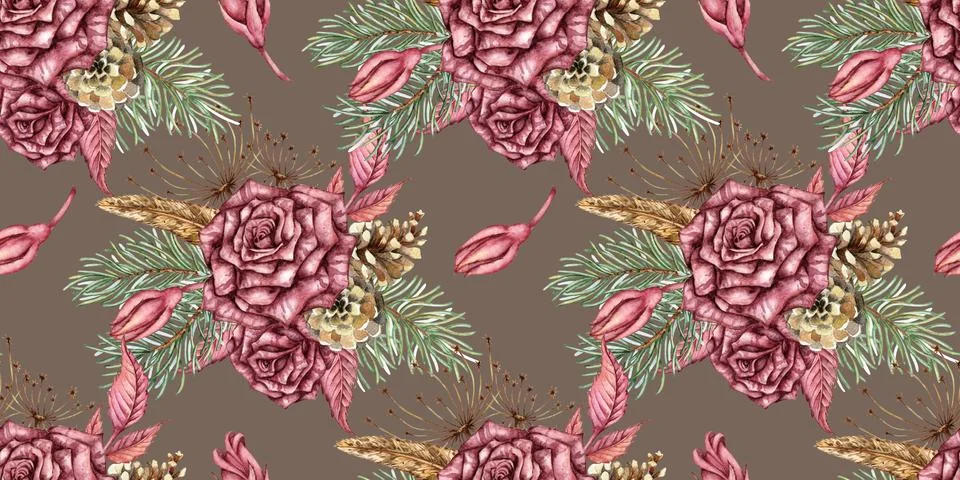 Roses Pine Cones Pattern Taupe Watercolor Stock Illustration