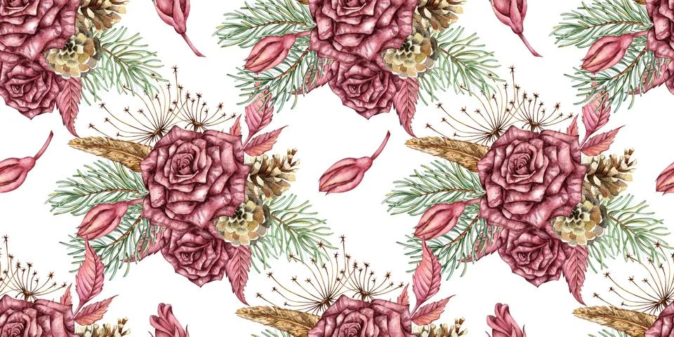 Roses pine cones pattern watercolor Stock Illustration