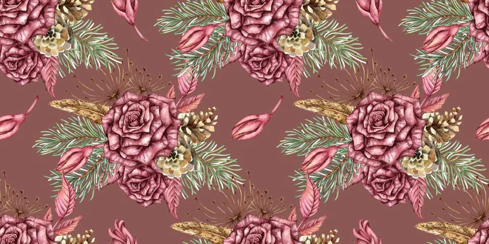 Roses pine cones pattern wine watercolor 스톡 일러스트