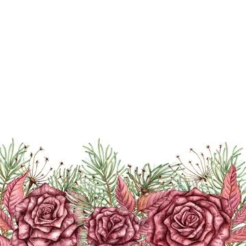 Roses pine dried flowers frame square watercolor Stock Illustration