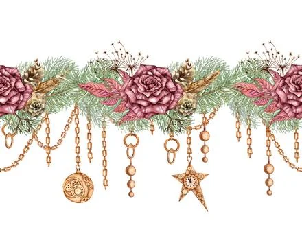 Roses pine feather chain pattern horizontal watercolor Stock Illustration