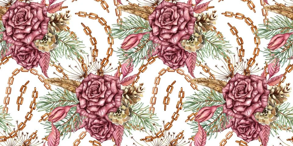 Roses pine feather chain pattern watercolor Stock Illustration