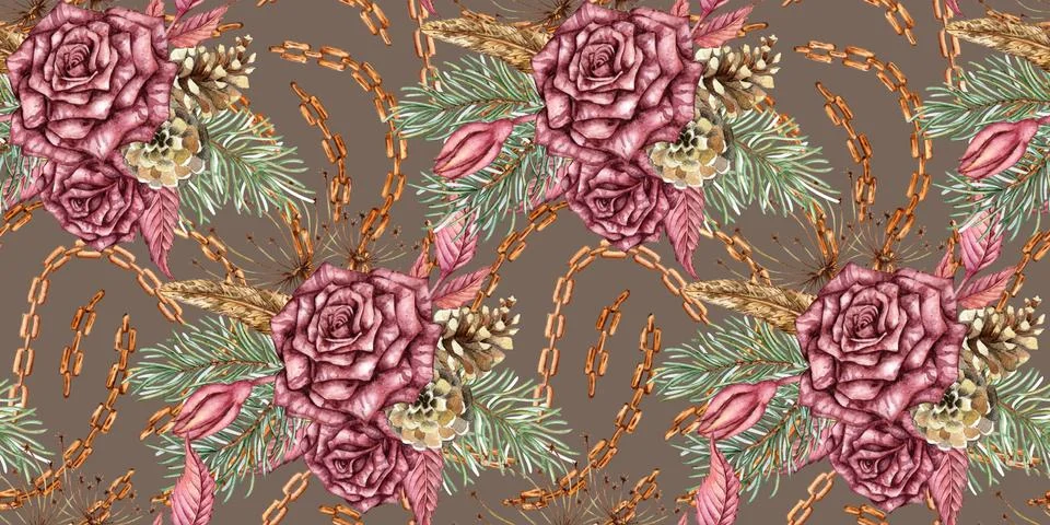 Roses Pine Feather Chain Pattern Taupe Watercolor 스톡 일러스트
