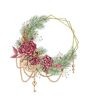 Roses pine gear circle geometric frame watercolor Stock Illustration