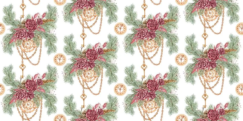 Roses pine gear steampunk pattern watercolor Illustrazione stock