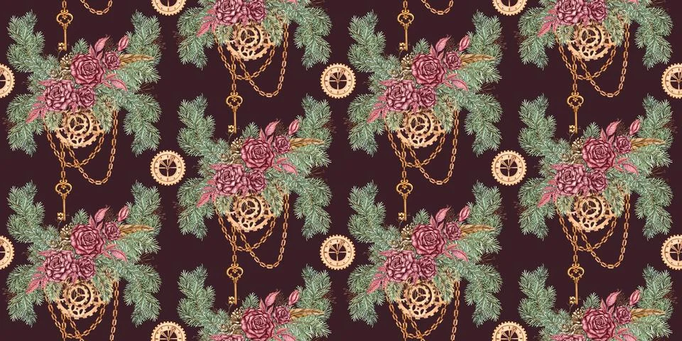 Roses Pine Gear Steampunk Pattern Deep Maroon Watercolor Illustrazione stock