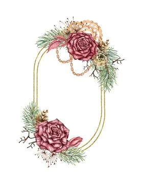 Roses pine oval geometric frame watercolor Stock Illustration