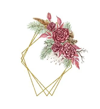 Roses pine rhombus geometric frame watercolor Stock Illustration