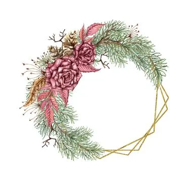 Roses pine round geometric frame watercolor Stock Illustration