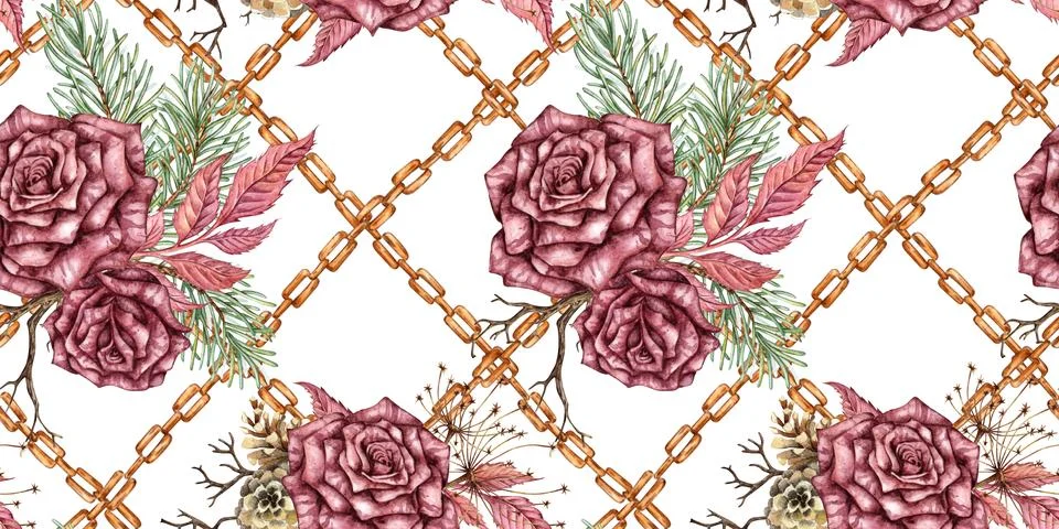 Roses pine tree chains branches pattern watercolor Stock Illustration
