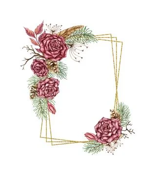 Roses pine trees rectangular geometric frame watercolor イラスト素材