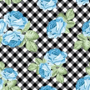 Roses seamless pattern on black and white gingham, chequered background. Vector Stock Illustration