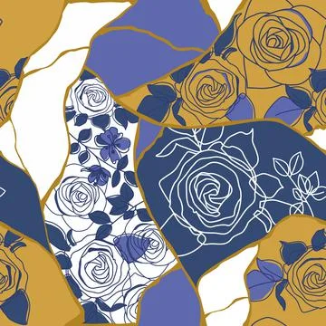 Roses seamless pattern fabric patchwork vector print. Kintsugi japanese Stock Illustration