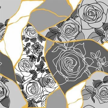 Roses seamless pattern fabric patchwork vector print. Kintsugi japanese resto Stockillustratie
