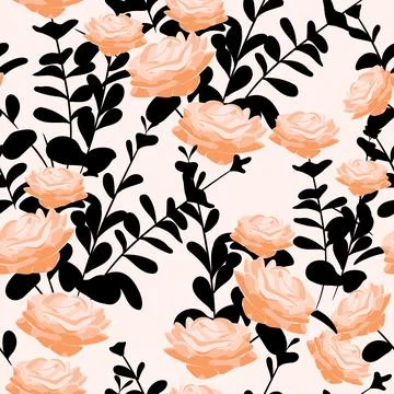 Roses seamless pattern. Floral decorative pattern with black leaves. Stock Illustration