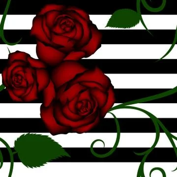 Roses seamless pattern on white-black striped background Stock Illustration