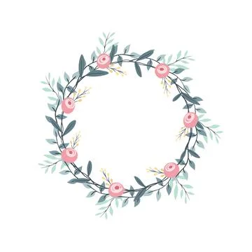 Roses, solidaster and eucalyptus flower wreath. Green decorative ivy. Spring  Stock Illustration