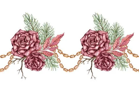 Roses spruce chain pattern horizontal watercolor Stock Illustration