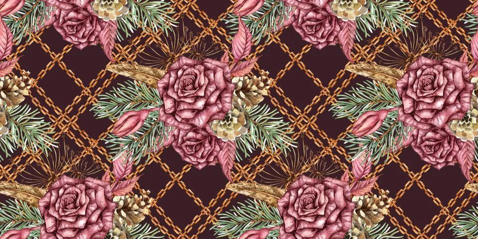 Roses spruce chain steampunk pattern Deep Maroon watercolor Stock Illustration