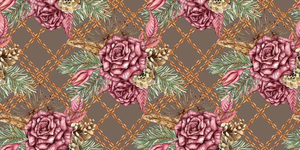 Roses spruce chain steampunk pattern Taupe watercolor Illustrazione stock