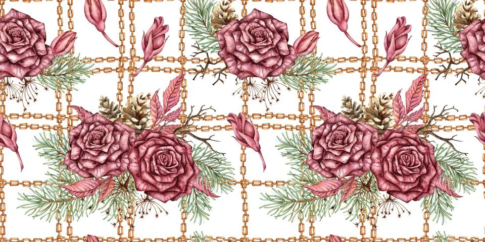 Roses spruce cones chains steampunk pattern watercolor Stock Illustration