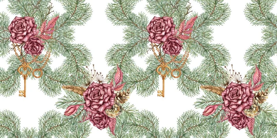 Roses spruce key chain pattern watercolor Stock Illustration