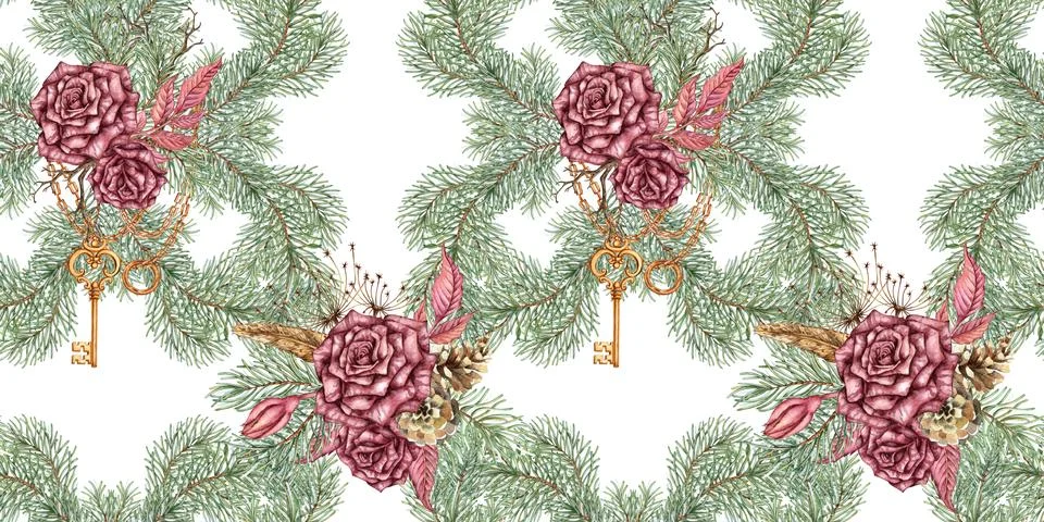 Roses spruce key chain pattern watercolor Stock Illustration