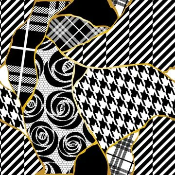 Roses tartan with fabric patchwork vector seamless pattern. Kintsugi japanese Stock Illustration