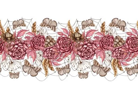 Roses web butterflies pattern horizontal watercolor Stockillustratie
