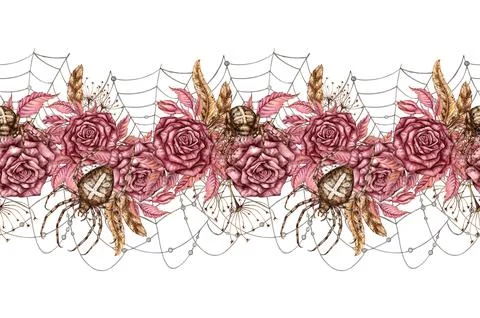 Roses web spider pattern horizontal watercolor Illustrazione stock