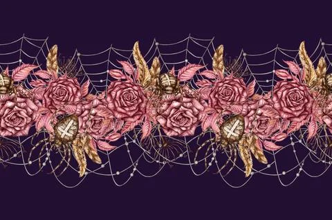 Roses web spider pattern horizontal on blue background watercolor Stock Illustration