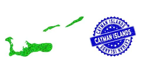 Rosette Distress Seal with Green Vector Triangle Filled Cayman Islands Map Stock Illustration