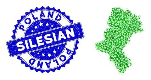 Rosette Distress Seal With Green Vector Polygonal Silesian Voivodeship Map Illustrazione stock