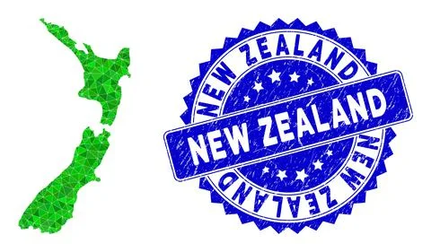 Rosette Distress Stamp with Green Vector Lowpoly New Zealand Map mosaic Stock Illustration