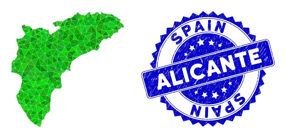 Rosette Grunge Badge with Green Vector Polygonal Alicante Province Map mosaic イラスト素材