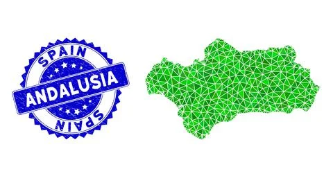 Rosette Grunge Seal with Green Vector Lowpoly Andalusia Province Map mosaic Stock Illustration