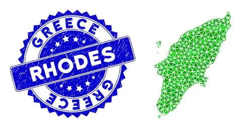 Rosette Grunge Seal With Green Vector Triangle Filled Greek Rhodes Island Map Stock Illustration