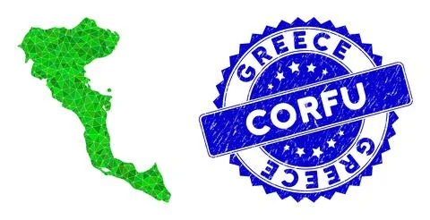 Rosette Grunge Stamp with Green Vector Triangle Filled Corfu Island Map mosaic Illustrazione stock