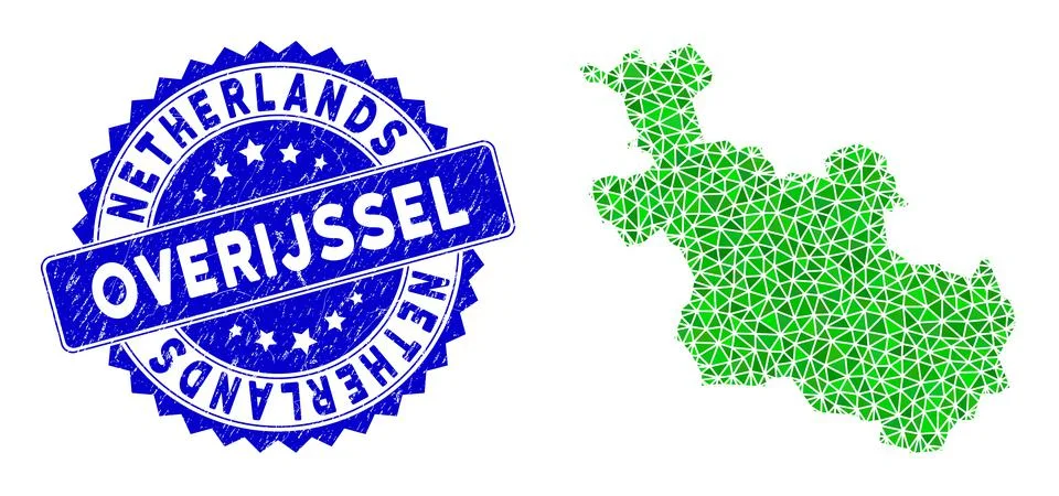 Rosette Grunge Stamp with Green Vector Triangle Filled Overijssel Province Map Stock Illustration