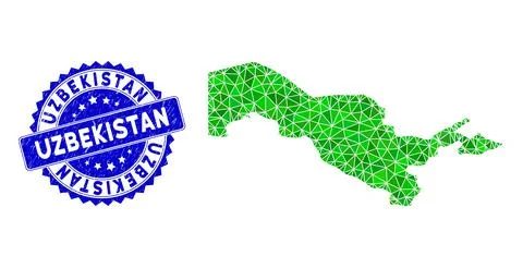 Rosette Grunge Stamp with Green Vector Polygonal Uzbekistan Map mosaic Stock Illustration