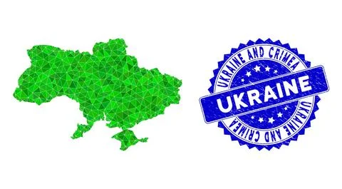 Rosette Grunge Stamp with Green Vector Polygonal Ukraine Map with Crimea mosaic Illustrazione stock