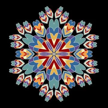 Rosette patterns in nostalgic retro colors. Symmetric vintage rosette on black 스톡 일러스트