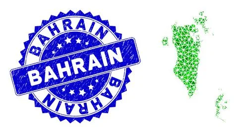 Rosette Rubber Badge With Green Vector Triangle Filled Bahrain Map mosaic Illustrazione stock