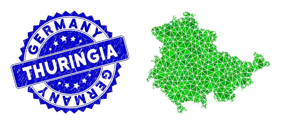 Rosette Rubber Badge With Green Vector Polygonal Thuringia Land Map mosaic Illustrazione stock
