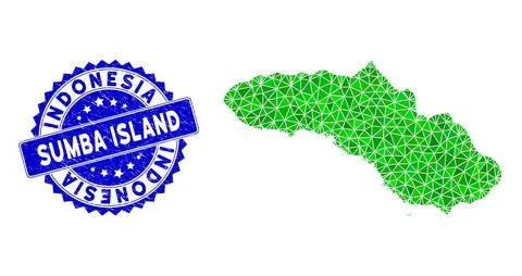 Rosette Rubber Badge with Green Vector Polygonal Sumba Island Map mosaic Stock Illustration