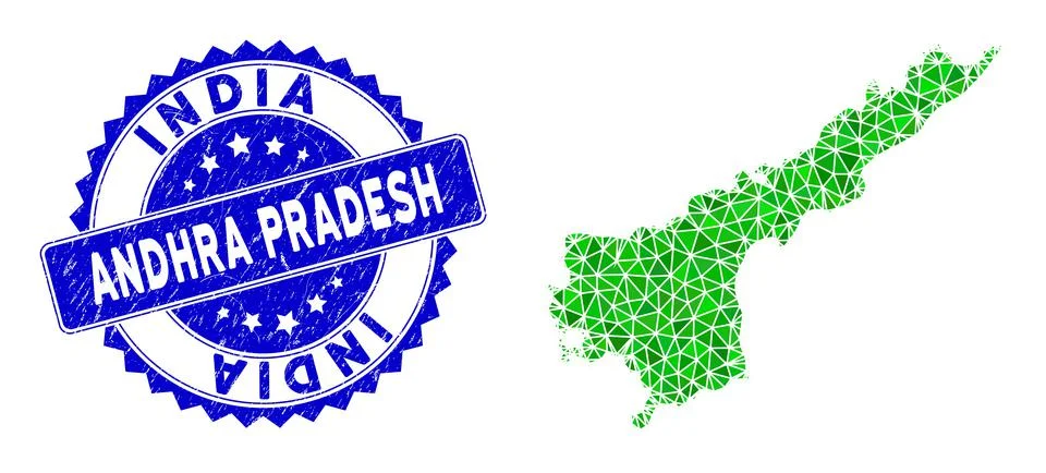 Rosette Rubber Seal with Green Vector Lowpoly Andhra Pradesh State Map mosaic Illustrazione stock