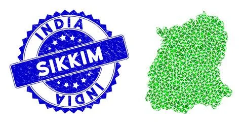Rosette Rubber Seal With Green Vector Polygonal Sikkim State Map mosaic Stock Illustration