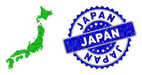 Rosette Rubber Seal Imprint and Green Vector Triangle Filled Japan Map mosaic Stock Illustration