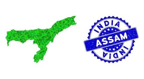 Rosette Rubber Stamp And Green Vector Lowpoly Assam State Map mosaic Stock Illustration